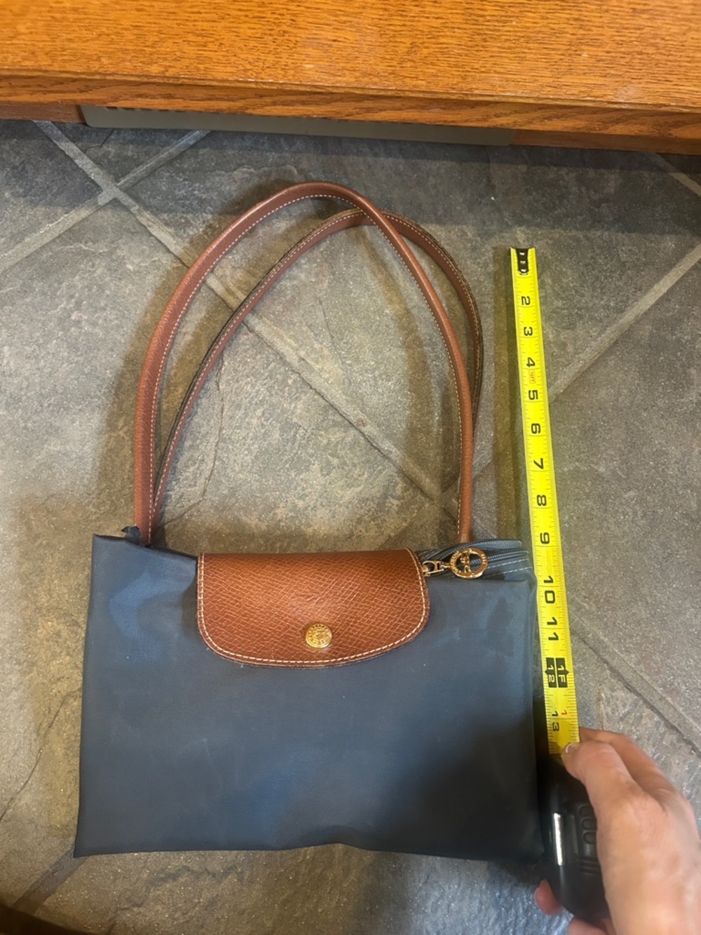 Longchamp Le Pliage Navy Tote with Brown Leather Trim - Picture 13 of 13